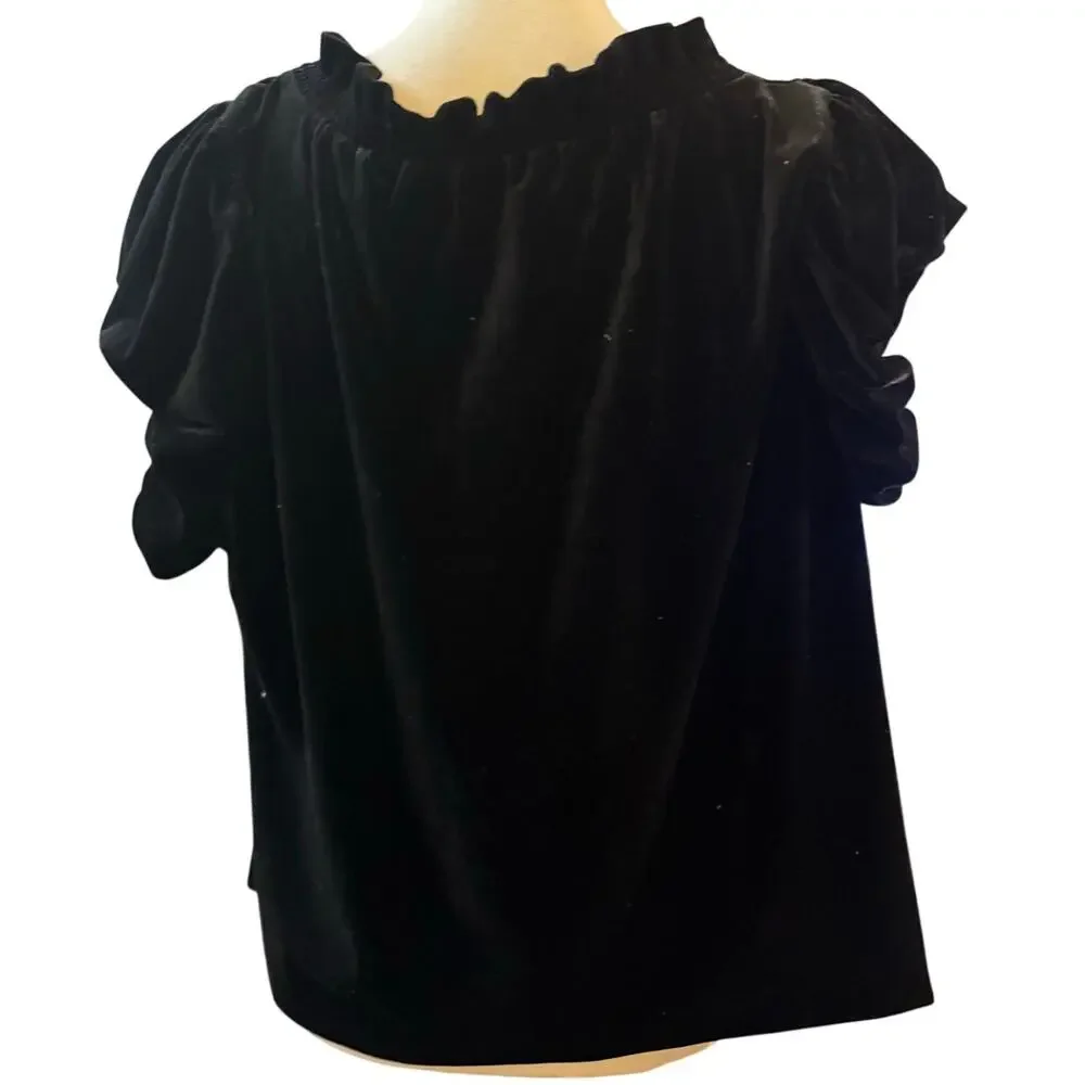 Free People Terese Black Velvet Babydoll Puff Sleeve Top, Romantic, Size Large